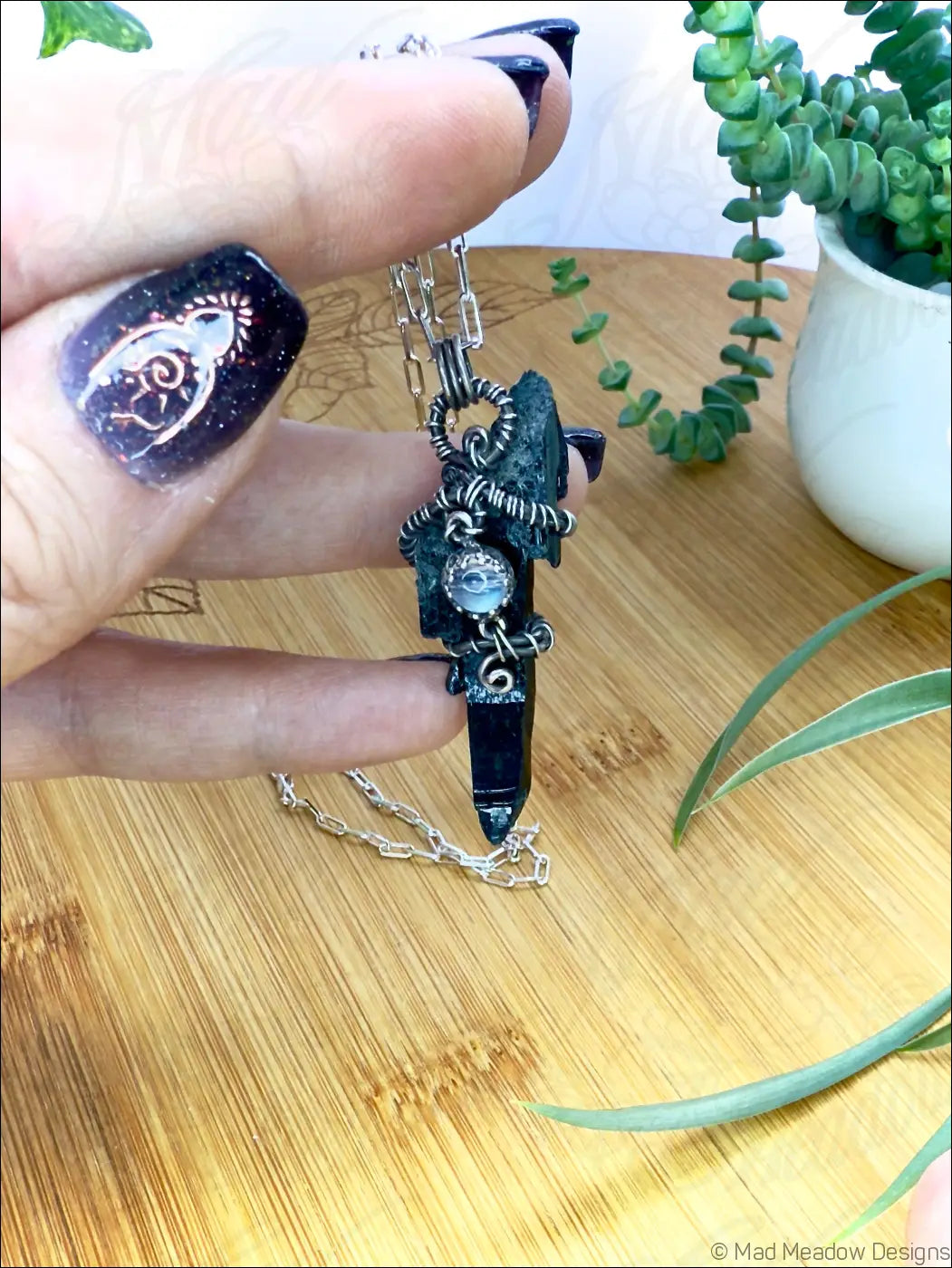 Black Raw Aegirine Crystal and Rainbow Moonstone Sterling Silver Wire Wrapped Pendant Necklace A - Jewelry