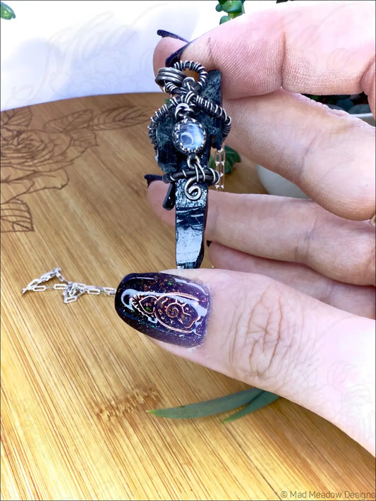 Black Raw Aegirine Crystal and Rainbow Moonstone Sterling Silver Wire Wrapped Pendant Necklace A - Jewelry