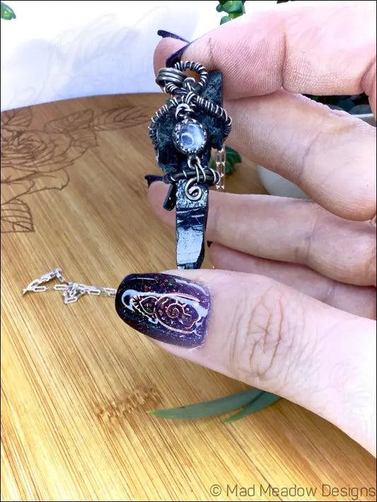 Black Raw Aegirine Crystal and Rainbow Moonstone Sterling Silver Wire Wrapped Pendant Necklace A - Jewelry