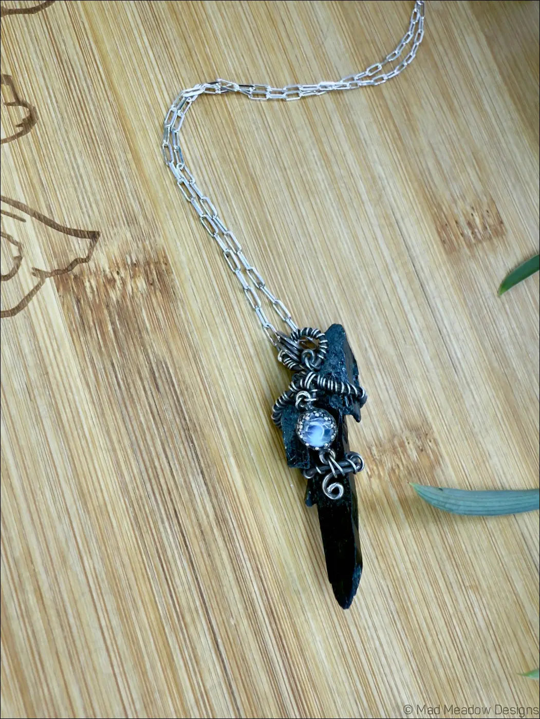 Black Raw Aegirine Crystal and Rainbow Moonstone Sterling Silver Wire Wrapped Pendant Necklace A - Jewelry
