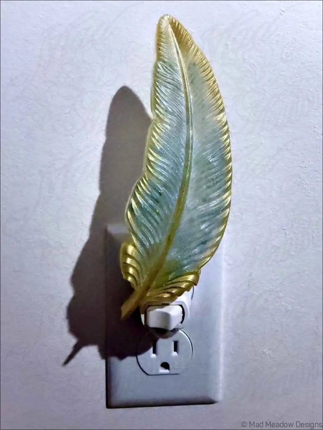 Blue and Gold Feather Wall Night Light on Plug-In Base