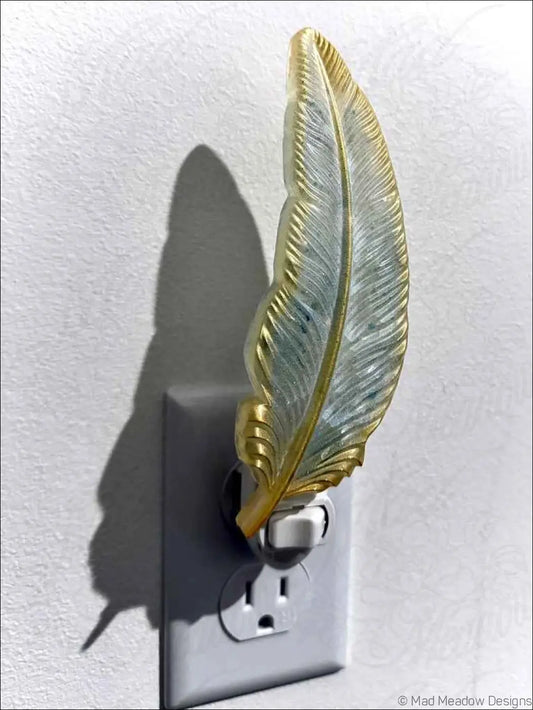 Blue and Gold Feather Wall Night Light on Plug-In Base