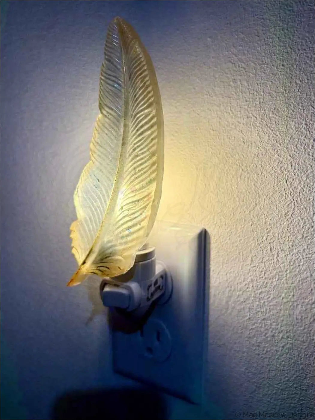 Blue and Gold Feather Wall Night Light on Plug-In Base