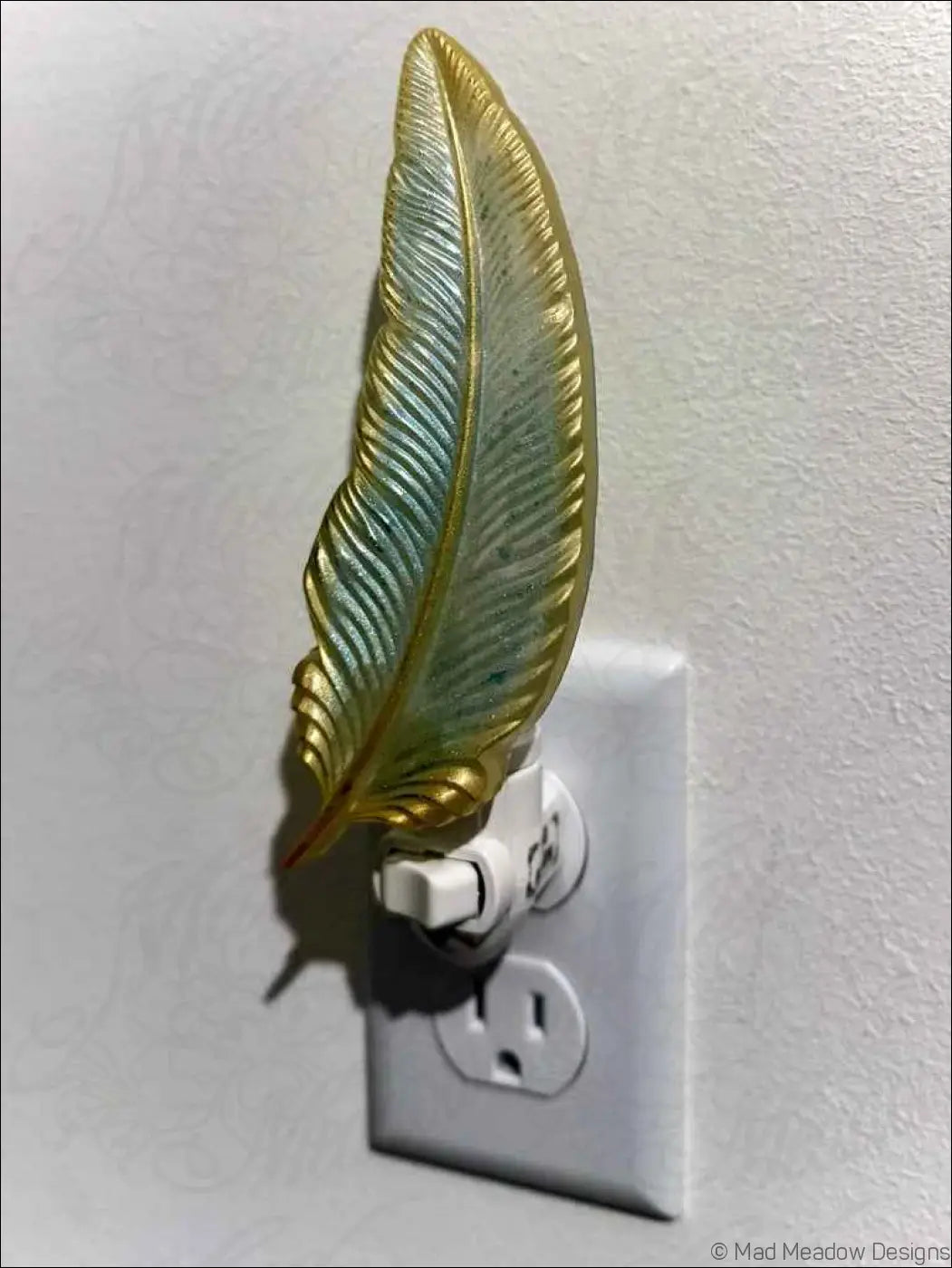 Blue and Gold Feather Wall Night Light on Plug-In Base