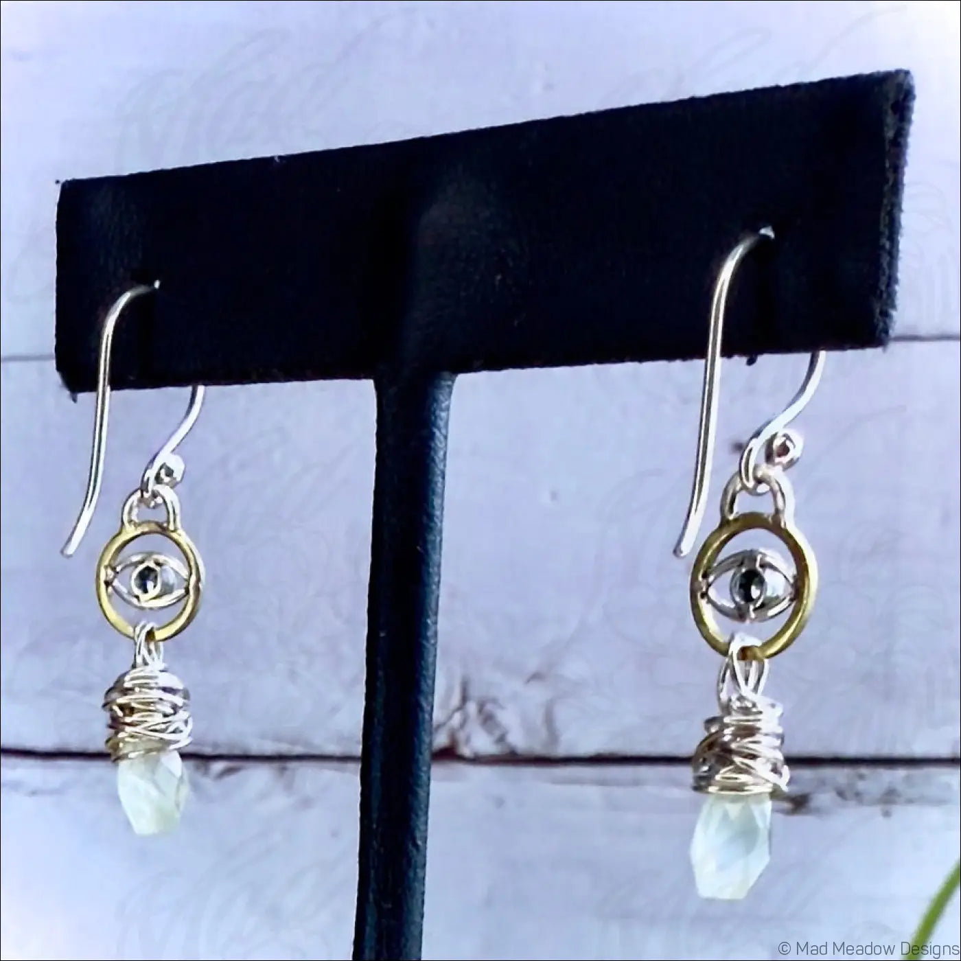 Blue Zircon Evil Eye and Prehnite Tear Drop Sterling Silver and Brass Dangle Earrings - Jewelry