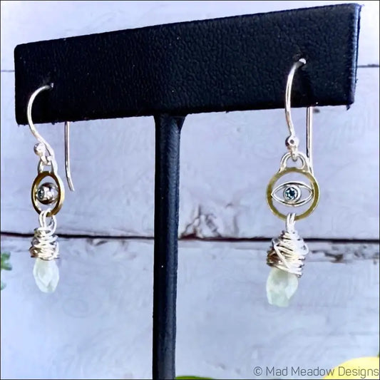 Blue Zircon Evil Eye and Prehnite Tear Drop Sterling Silver and Brass Dangle Earrings - Jewelry