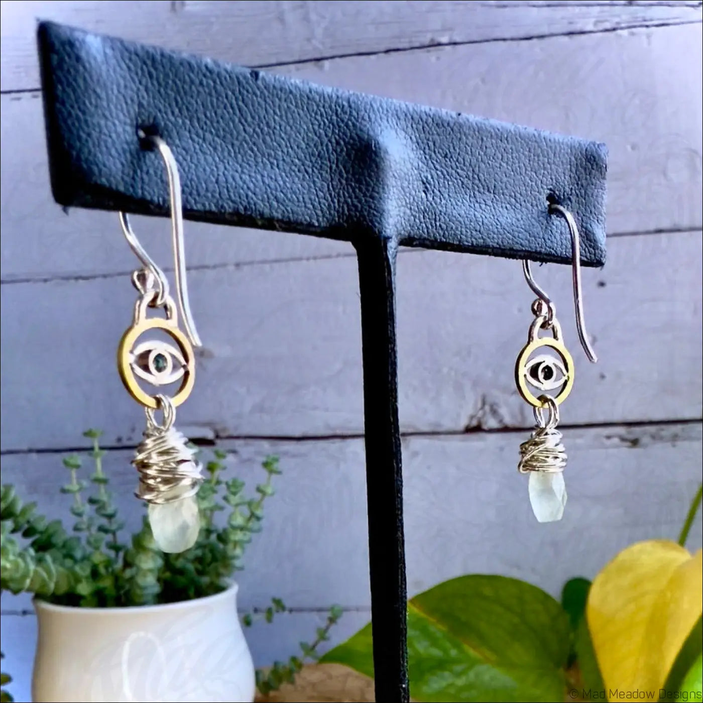 Blue Zircon Evil Eye and Prehnite Tear Drop Sterling Silver and Brass Dangle Earrings - Jewelry