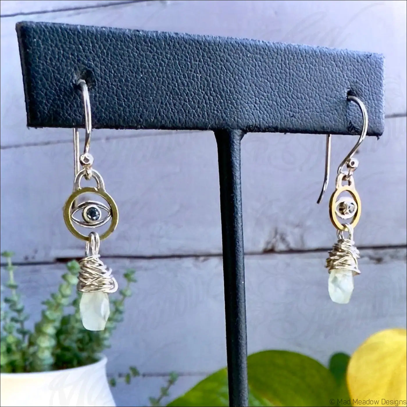 Blue Zircon Evil Eye and Prehnite Tear Drop Sterling Silver and Brass Dangle Earrings - Jewelry