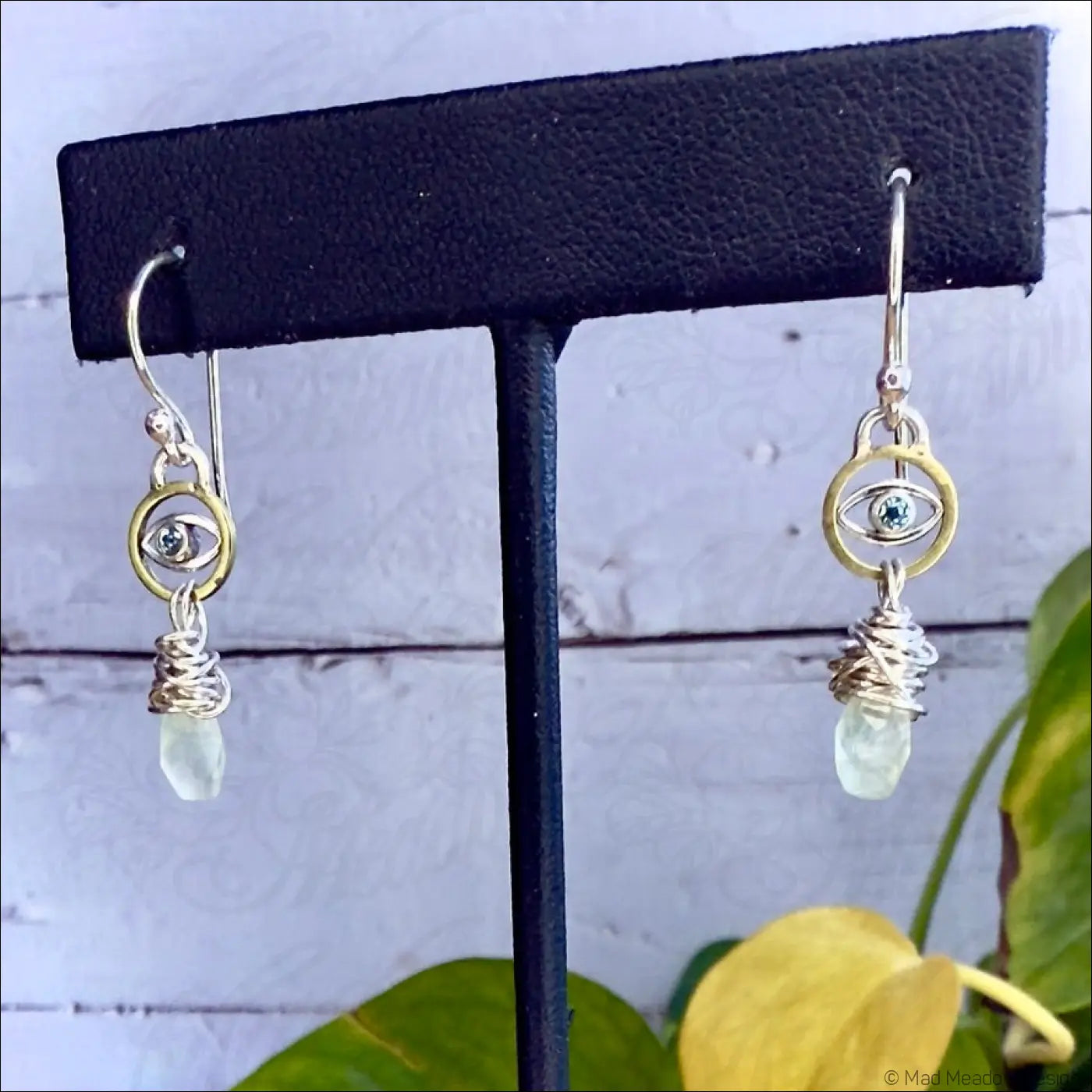 Blue Zircon Evil Eye and Prehnite Tear Drop Sterling Silver and Brass Dangle Earrings - Jewelry
