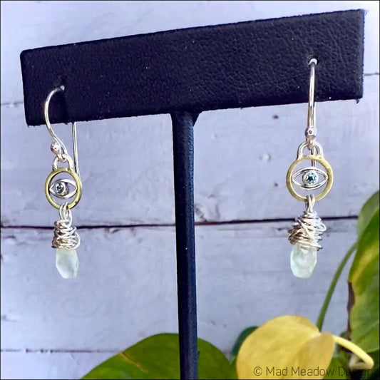 Blue Zircon Evil Eye and Prehnite Tear Drop Sterling Silver and Brass Dangle Earrings - Jewelry