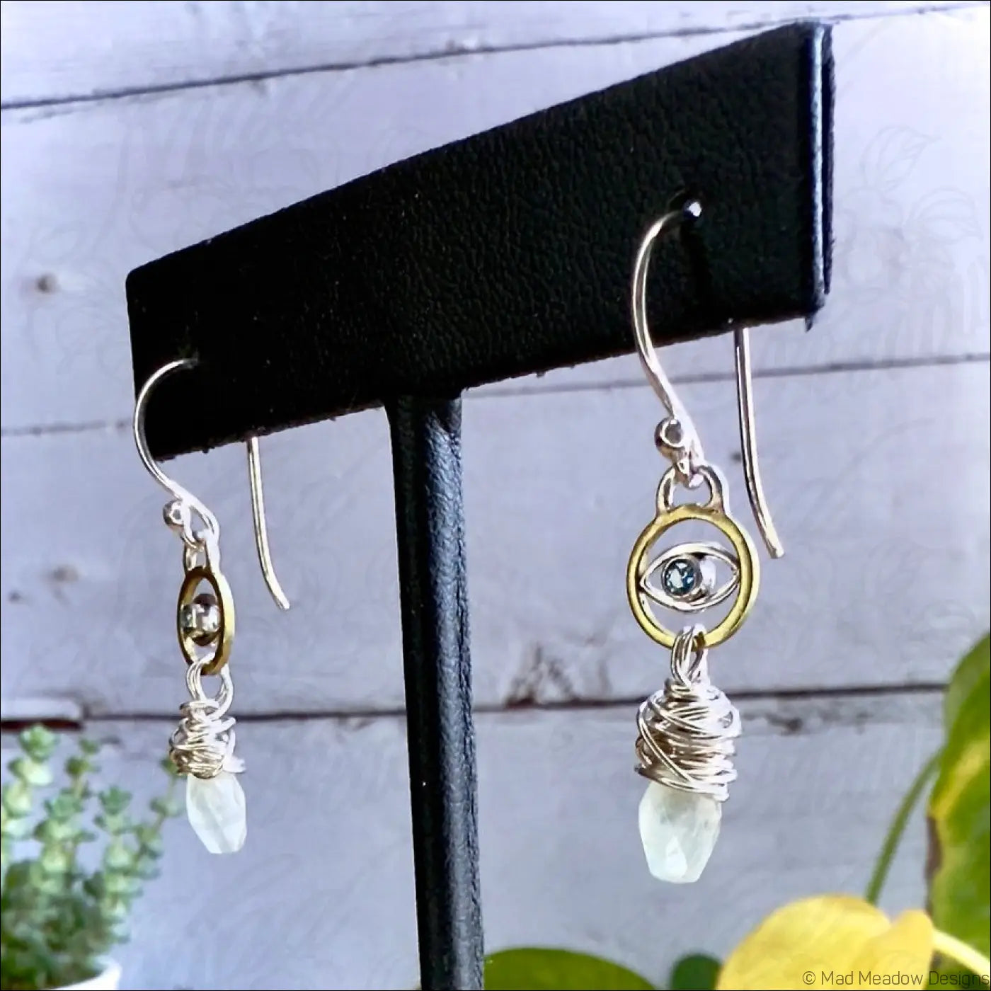 Blue Zircon Evil Eye and Prehnite Tear Drop Sterling Silver and Brass Dangle Earrings - Jewelry