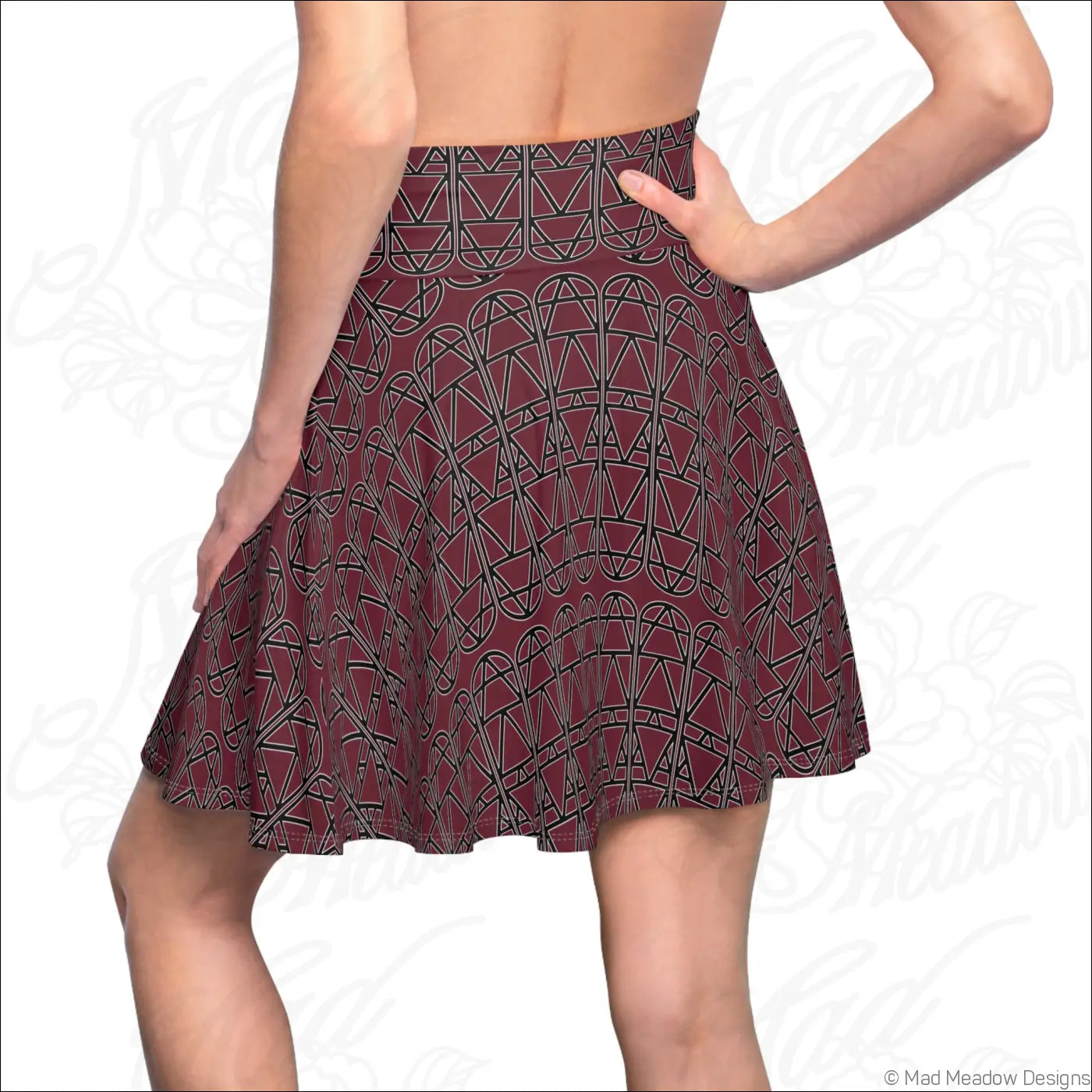 Bordeaux elemental column pattern women’s skater skirt in deep maroon with black geometric print care instructions line dry