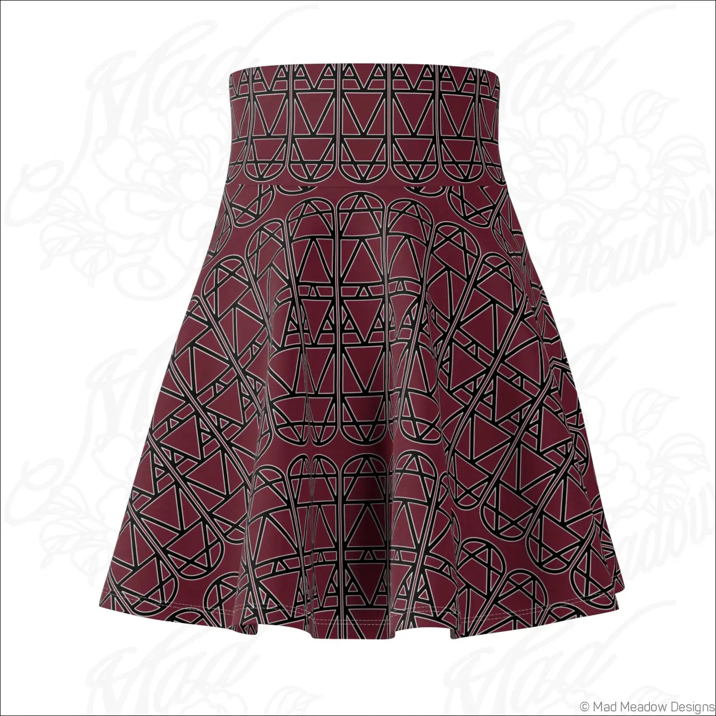 A deep maroon skater skirt with black geometric triangle pattern from bordeaux elemental collection, hand wash care instructions