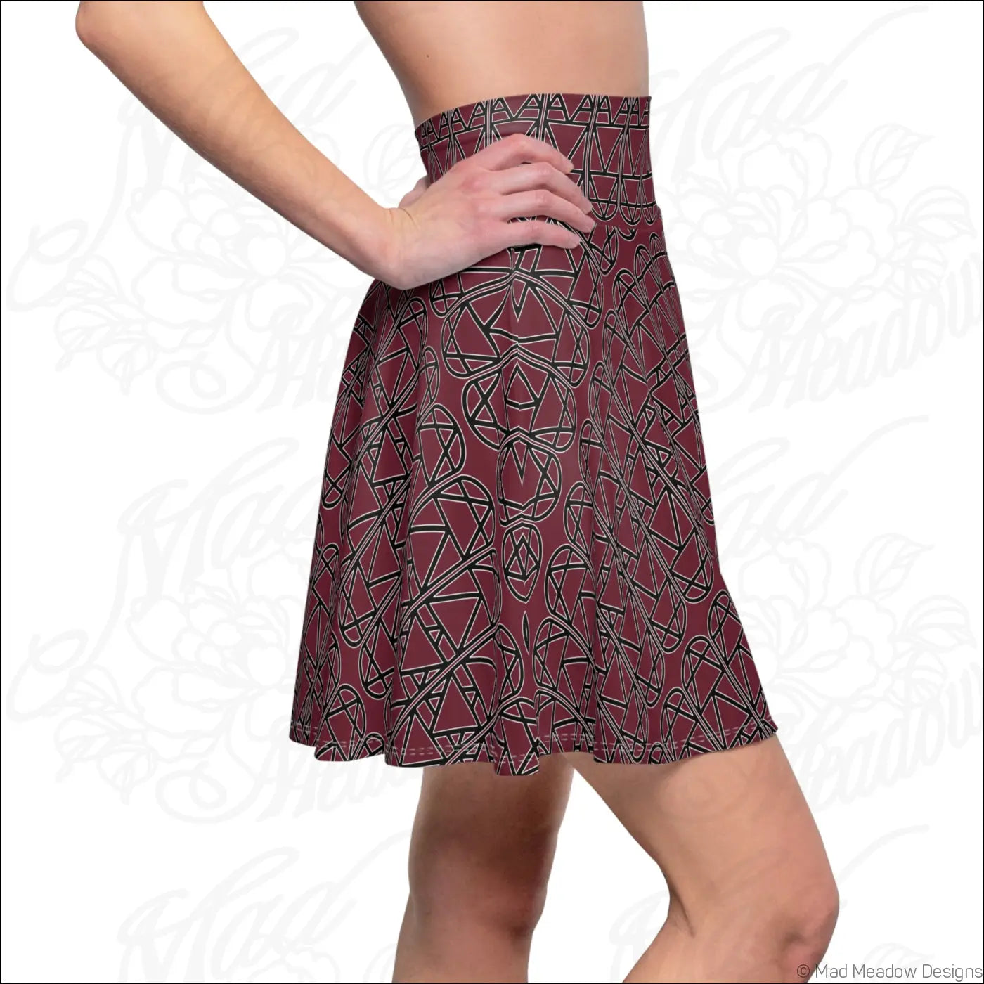 Bordeaux elemental column pattern women’s skater skirt in deep maroon with black geometric print and care instructions hand wash