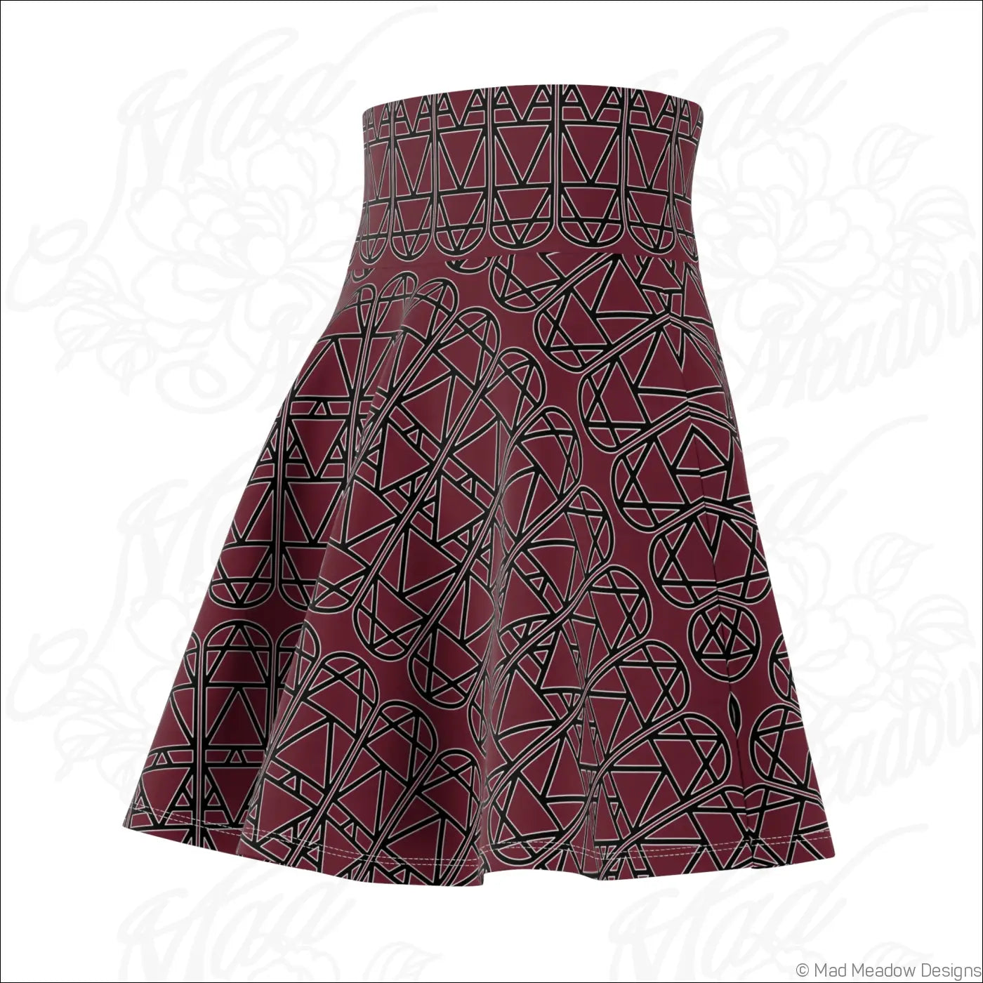 Bordeaux elemental column pattern women’s skater skirt in deep maroon with black geometric triangles and circles line dry care instructions