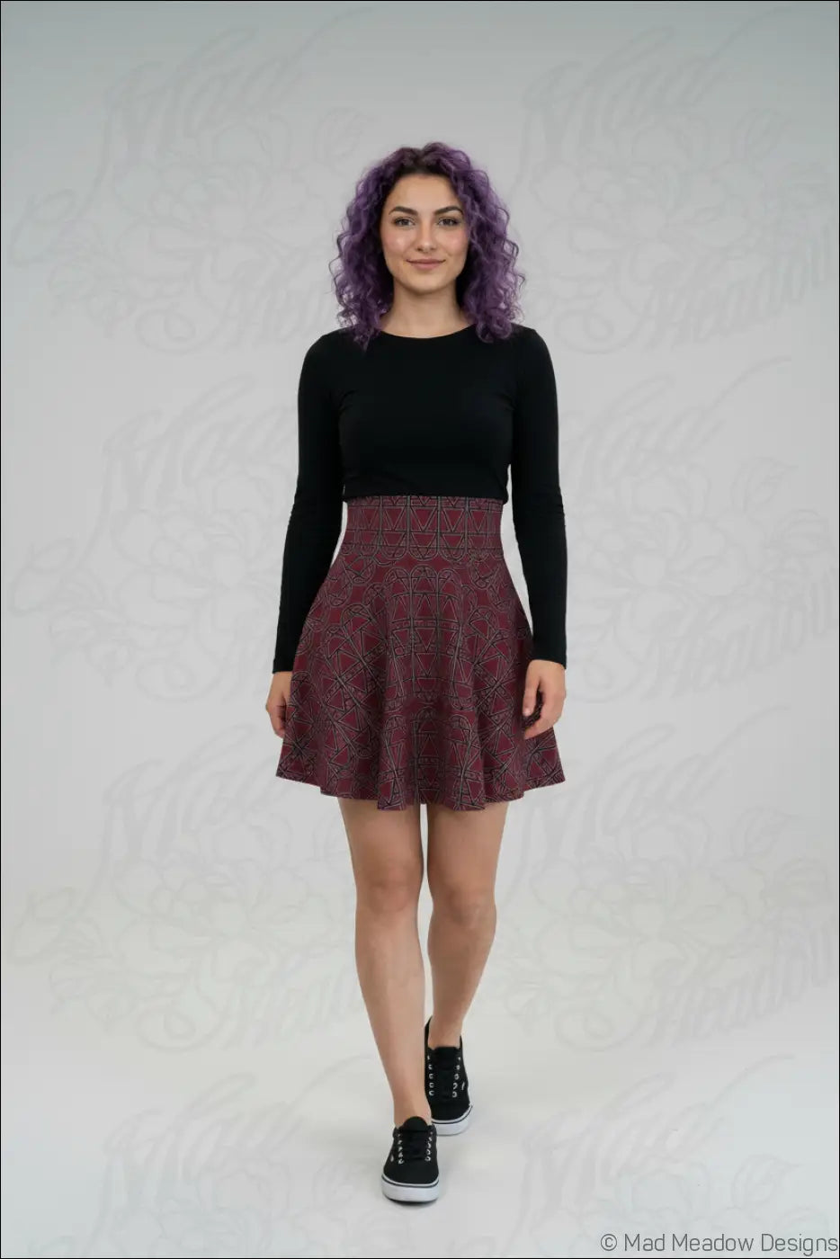 Bordeaux elemental column pattern women’s skater skirt in deep burgundy with a flowing high-waisted design, hand wash care instructions