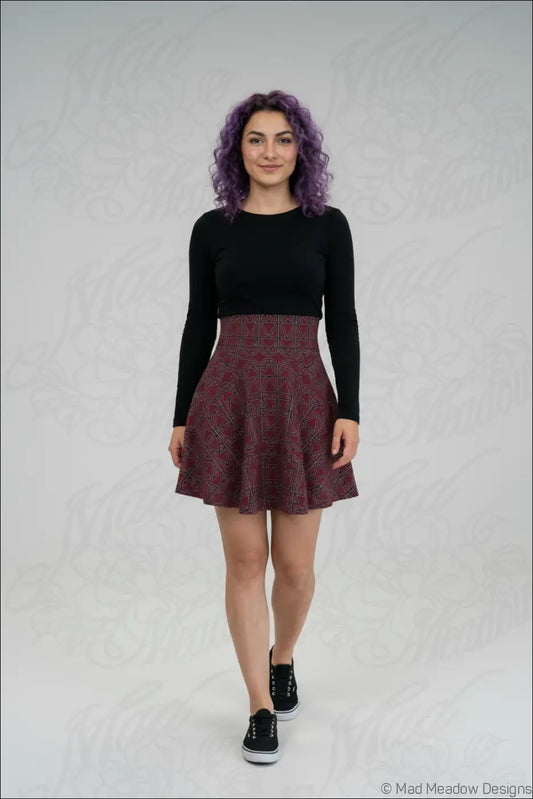 Bordeaux elemental column pattern women’s skater skirt in deep burgundy with a flowing high-waisted design, hand wash care instructions