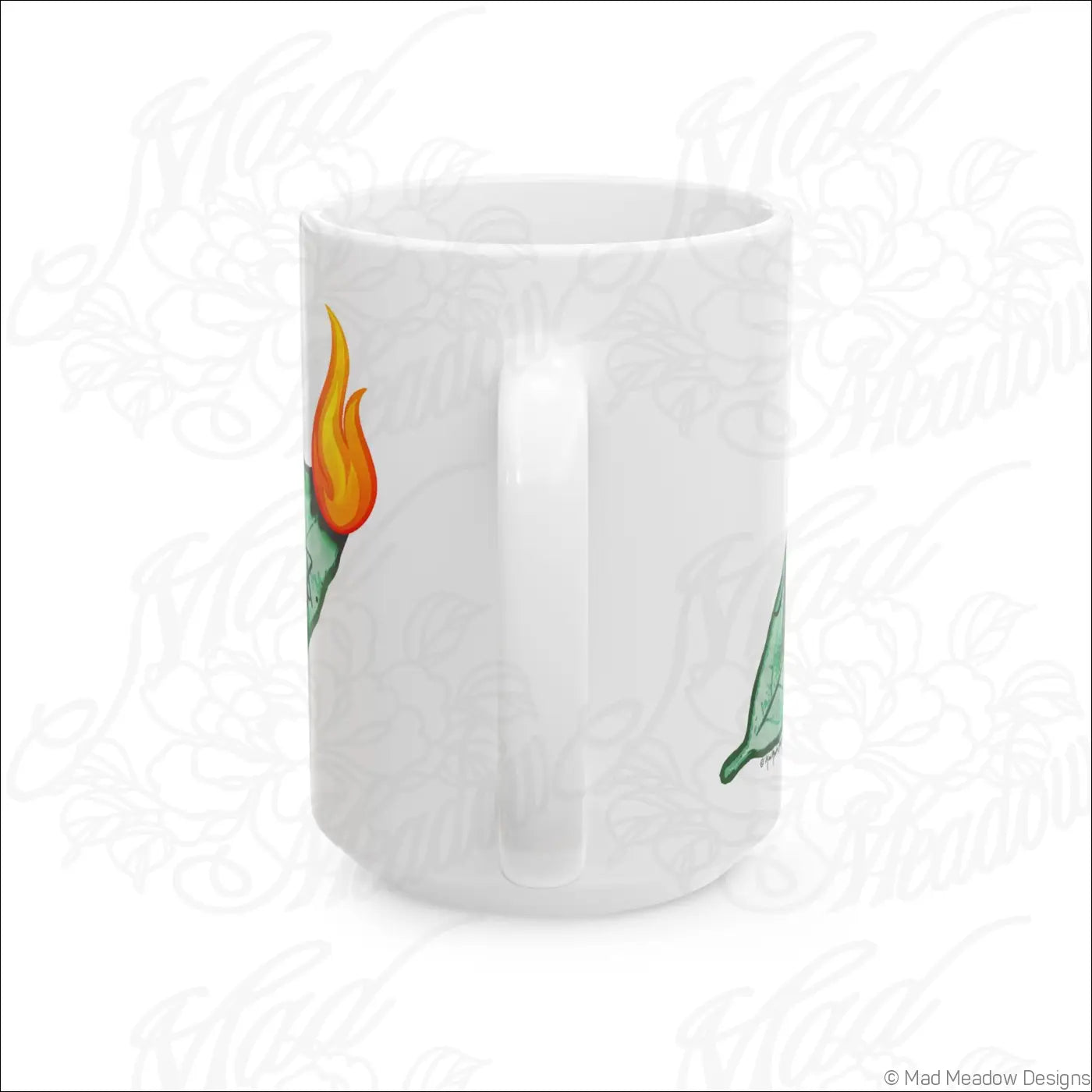 Glossy white ceramic mug with hand-drawn flaming green cactus art and a comfortable c-handle for coffee or tea