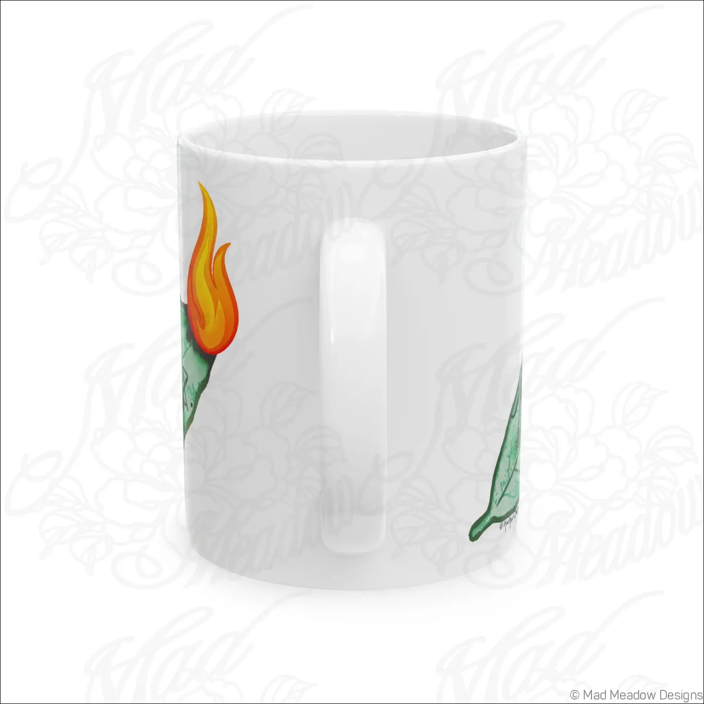 Glossy white ceramic mug with hand-drawn flaming leaf art and comfortable c-handle for coffee or tea