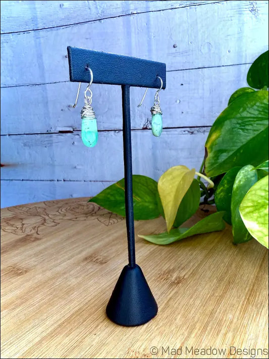 Chrysocolla Drop Sterling Silver Wire Wrapped Dangle Earrings - Jewelry