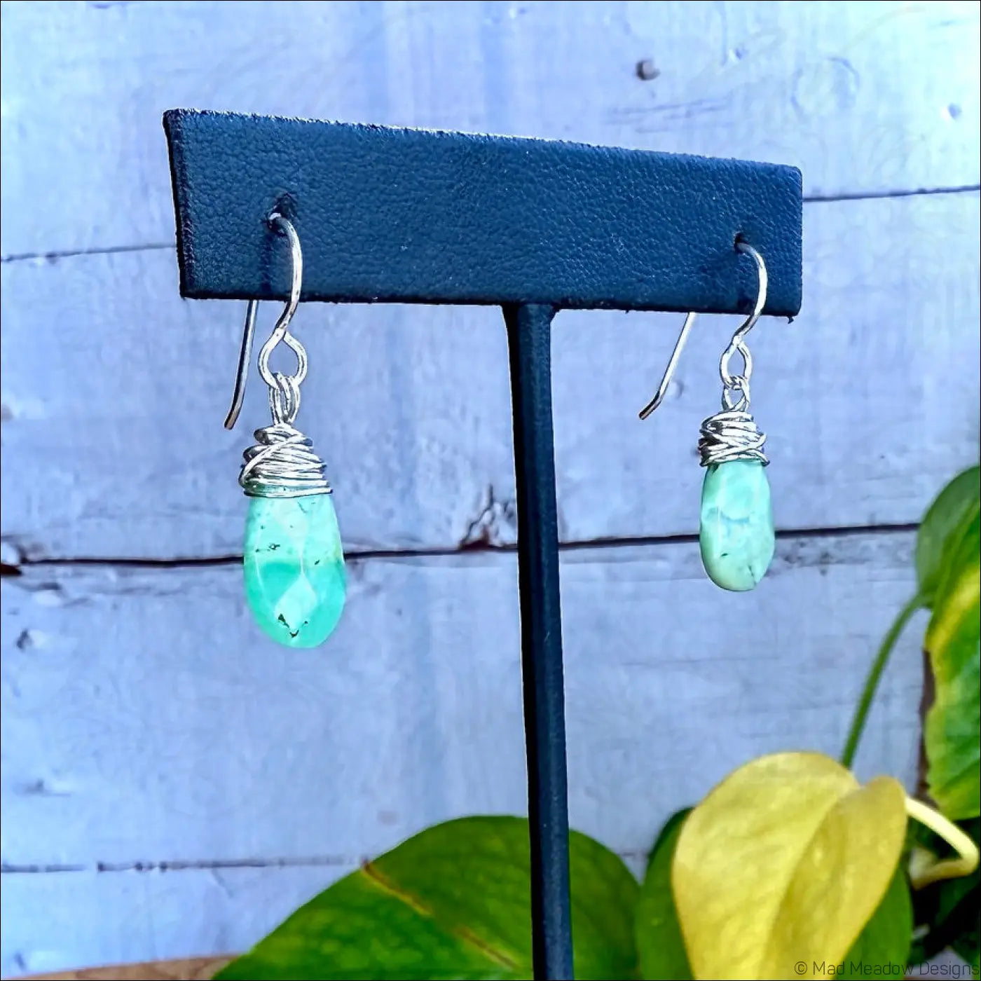 Chrysocolla Drop Sterling Silver Wire Wrapped Dangle Earrings - Jewelry