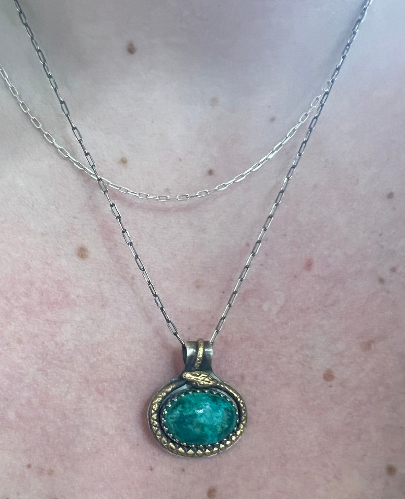 Chrysoprase Sterling Silver and Brass Snake Pendant necklace - Jewelry