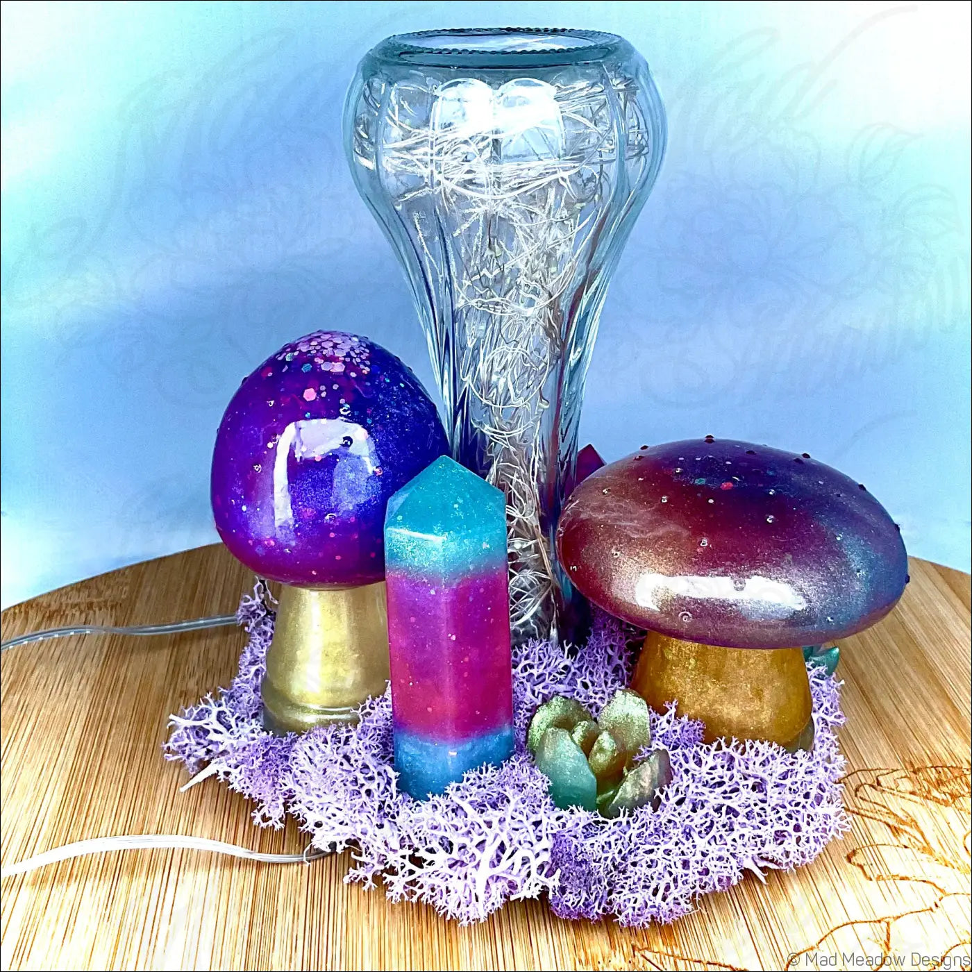 Colorful handcrafted resin mushrooms tabletop light with purple gold decor and blue pink crystal snail companion centerpiece