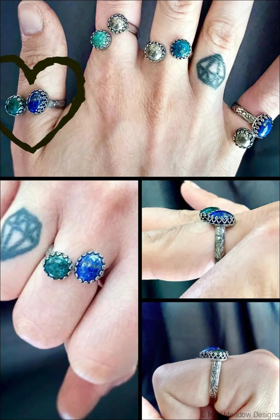Double Gemstone Bypass Ring with Chrysocolla, Pyrite, and Lapis Lazuli
