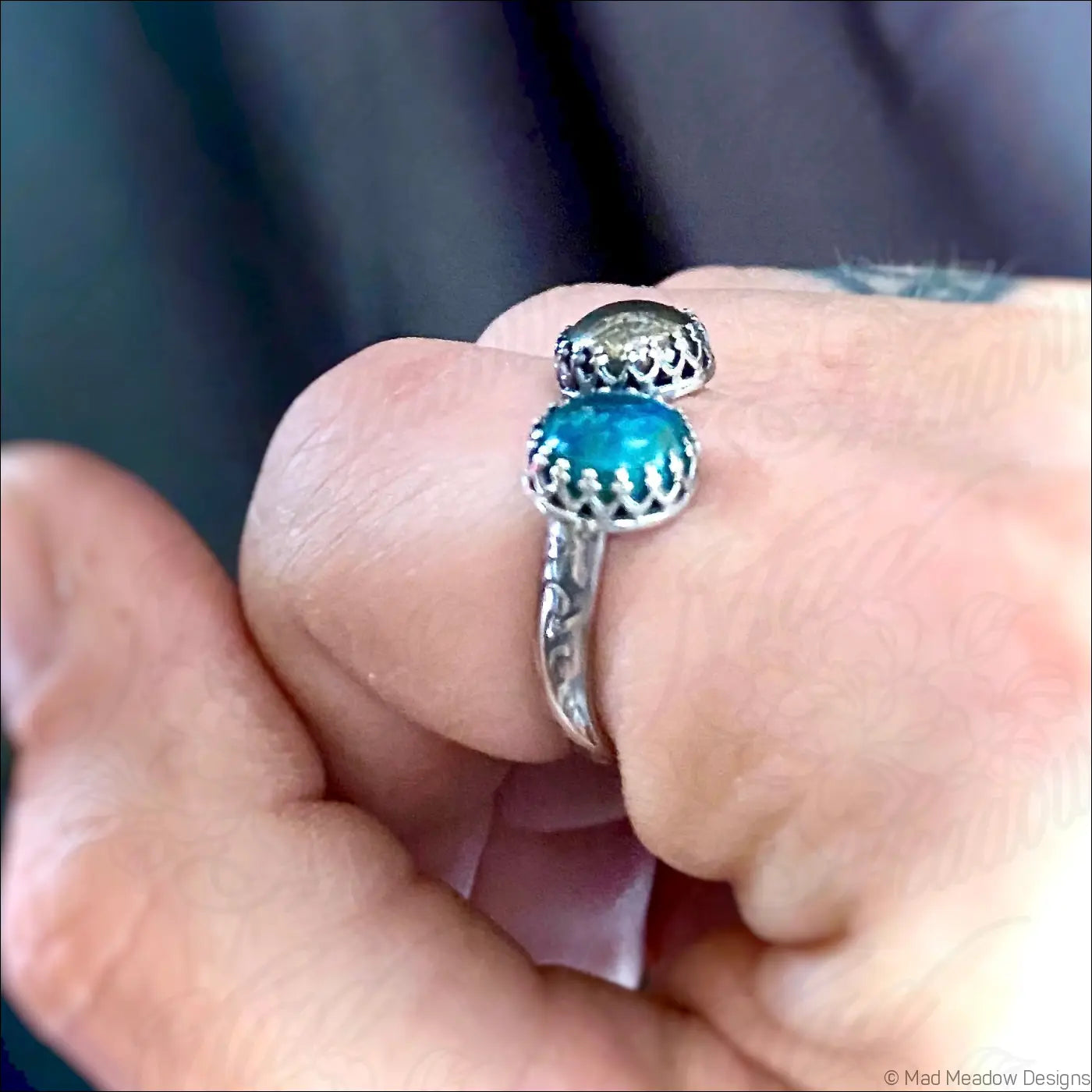 Double Gemstone Bypass Ring with Chrysocolla Pyrite and Lapis Lazuli - Jewelry