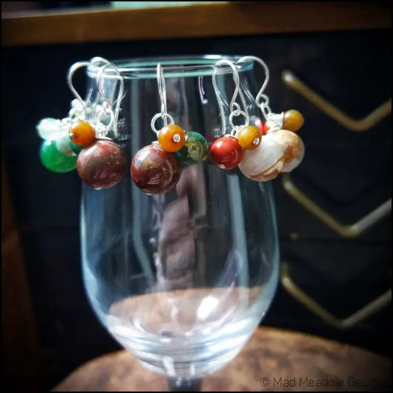 Multi-Color Jasper & Marble Gemstone Bobble Dangle Earrings - Jewelry