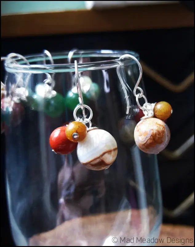 Multi-Color Jasper & Marble Gemstone Bobble Dangle Earrings - White Marble - Red Jasper - Ambronite - Jewelry