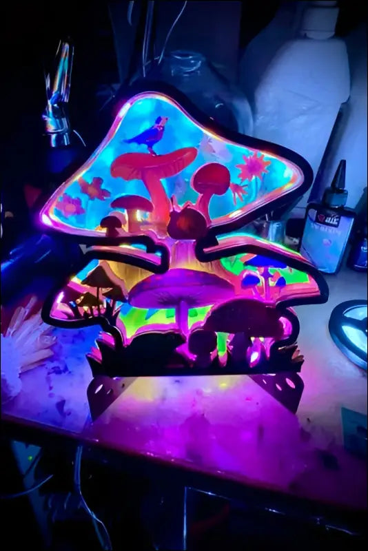 Colorful Mushroom Wonderland Laser Cut Table Top Wood Light - Light