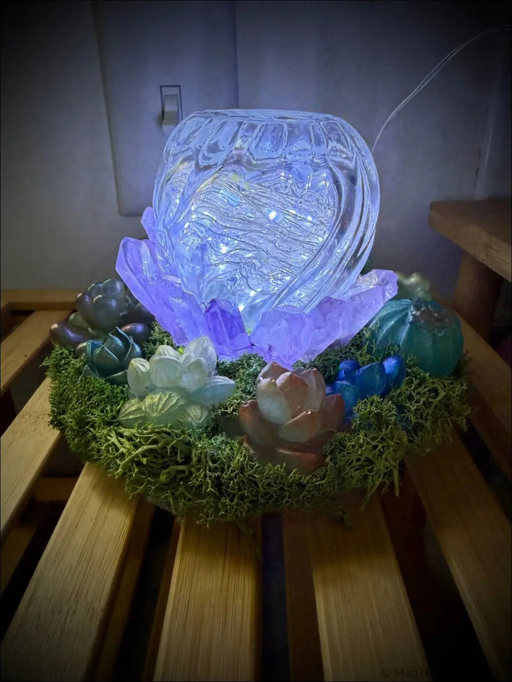 Illuminated usb powered glass fishbowl with etched patterns glowing blue on green moss with miniature succulents