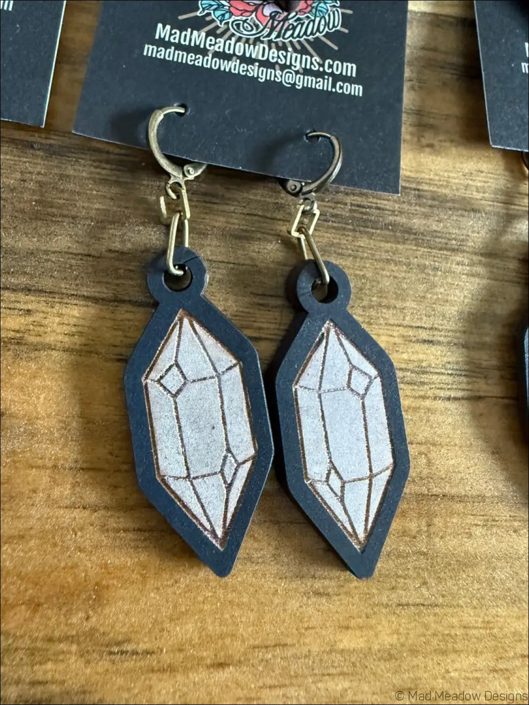 Black leather wooden earrings with white geometric crystal hand painted gemstone design for stylish wear