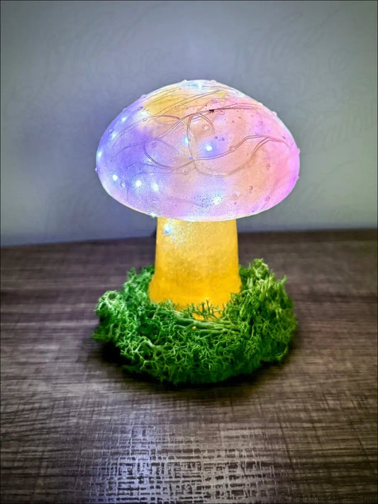 Cute mushroom with moss usb light glowing with purple pink cap and warm yellow stem glow USB light