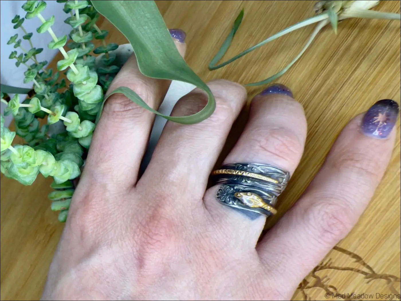 Wide Sterling Silver Adjustable Wrap Ring with Brass Animal and Insect Accents - Snake - Jewelry