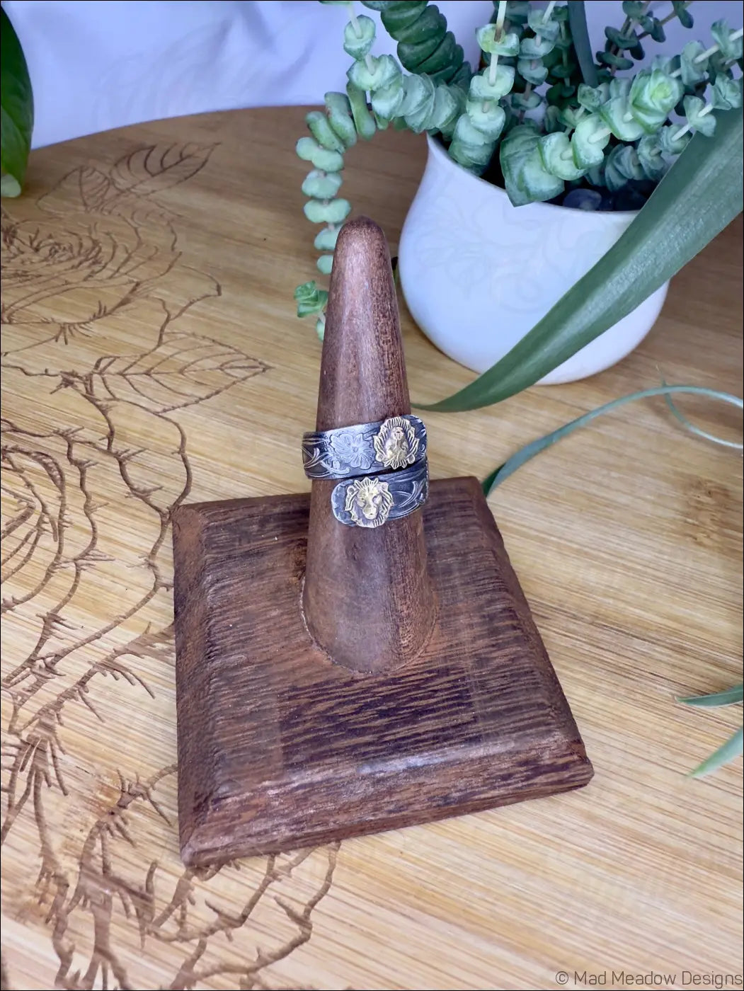 Wide Sterling Silver Adjustable Wrap Ring with Brass Animal and Insect Accents - Jewelry