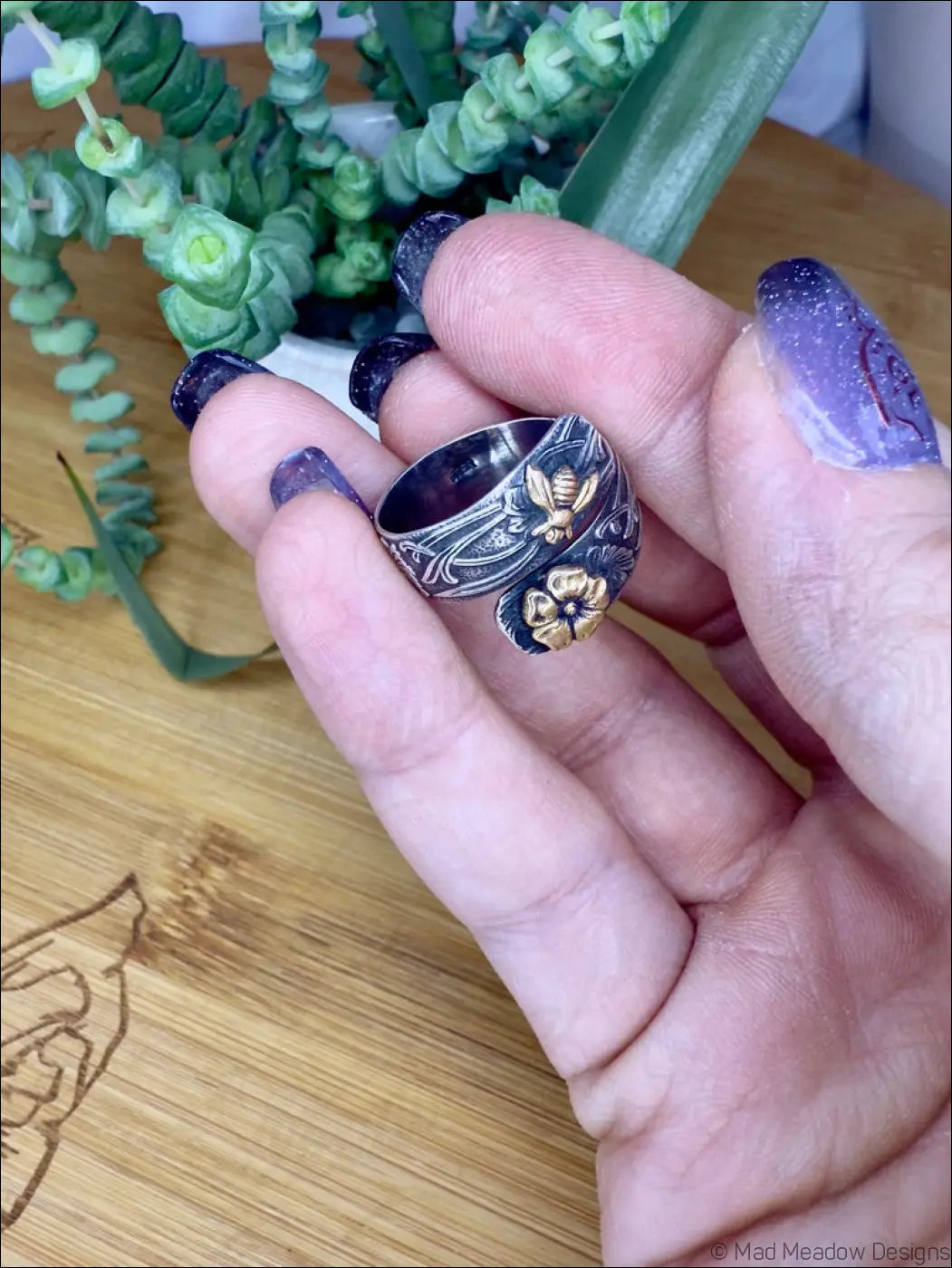 Wide Sterling Silver Adjustable Wrap Ring with Brass Animal and Insect Accents - Jewelry