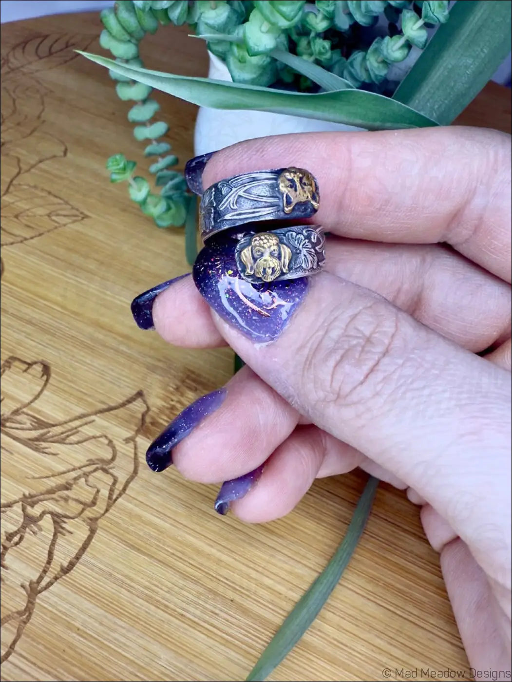 Wide Sterling Silver Adjustable Wrap Ring with Brass Animal and Insect Accents - Cat & Dog - Jewelry