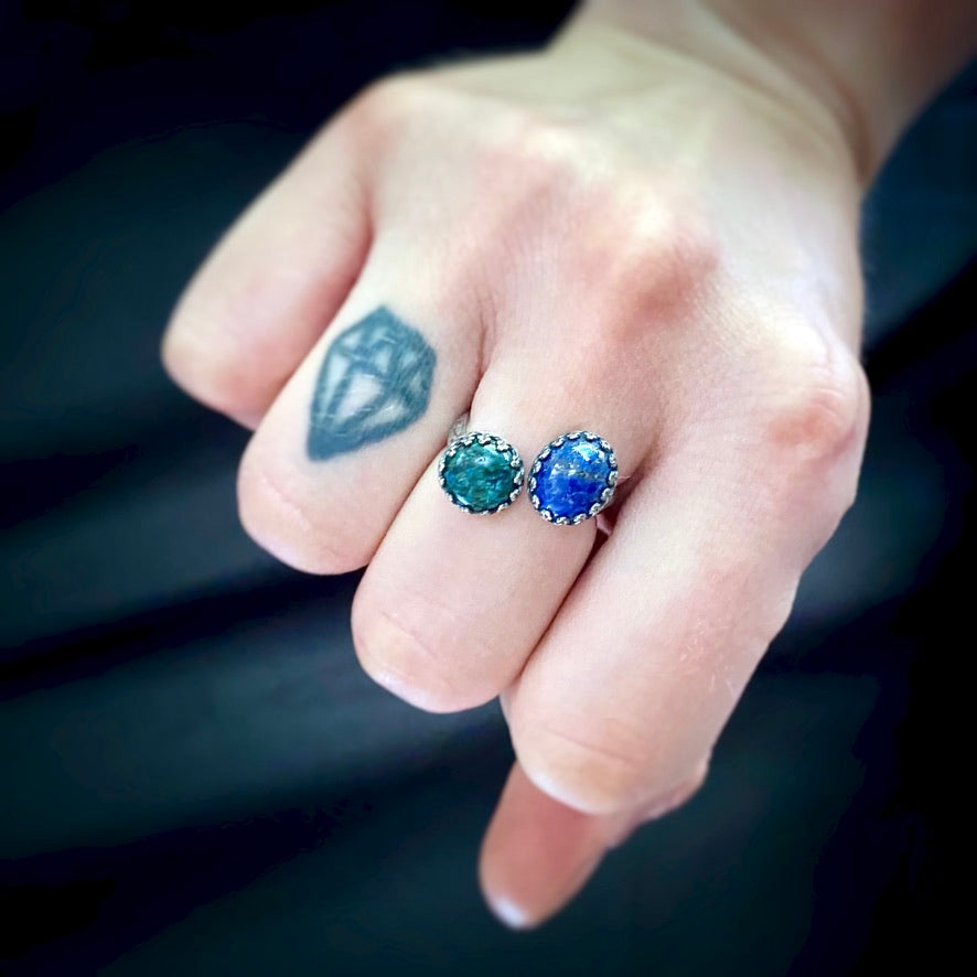 Double Gemstone Bypass Ring with Chrysocolla Pyrite and Lapis Lazuli - Jewelry