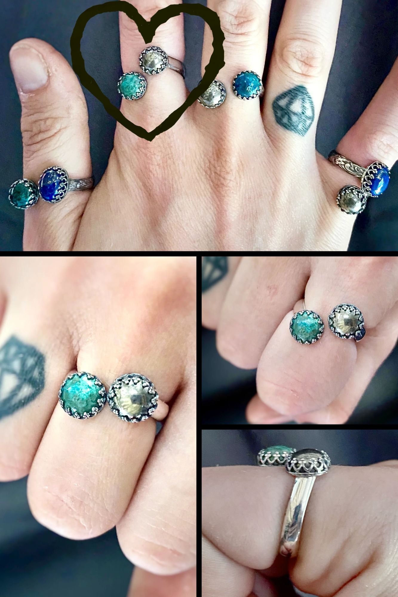 Double Gemstone Bypass Ring with Chrysocolla, Pyrite, and Lapis Lazuli