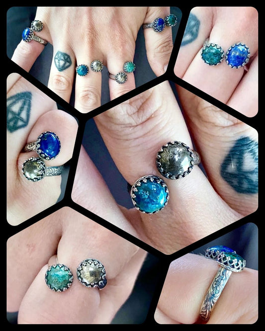 Double Gemstone Bypass Ring with Chrysocolla, Pyrite, and Lapis Lazuli