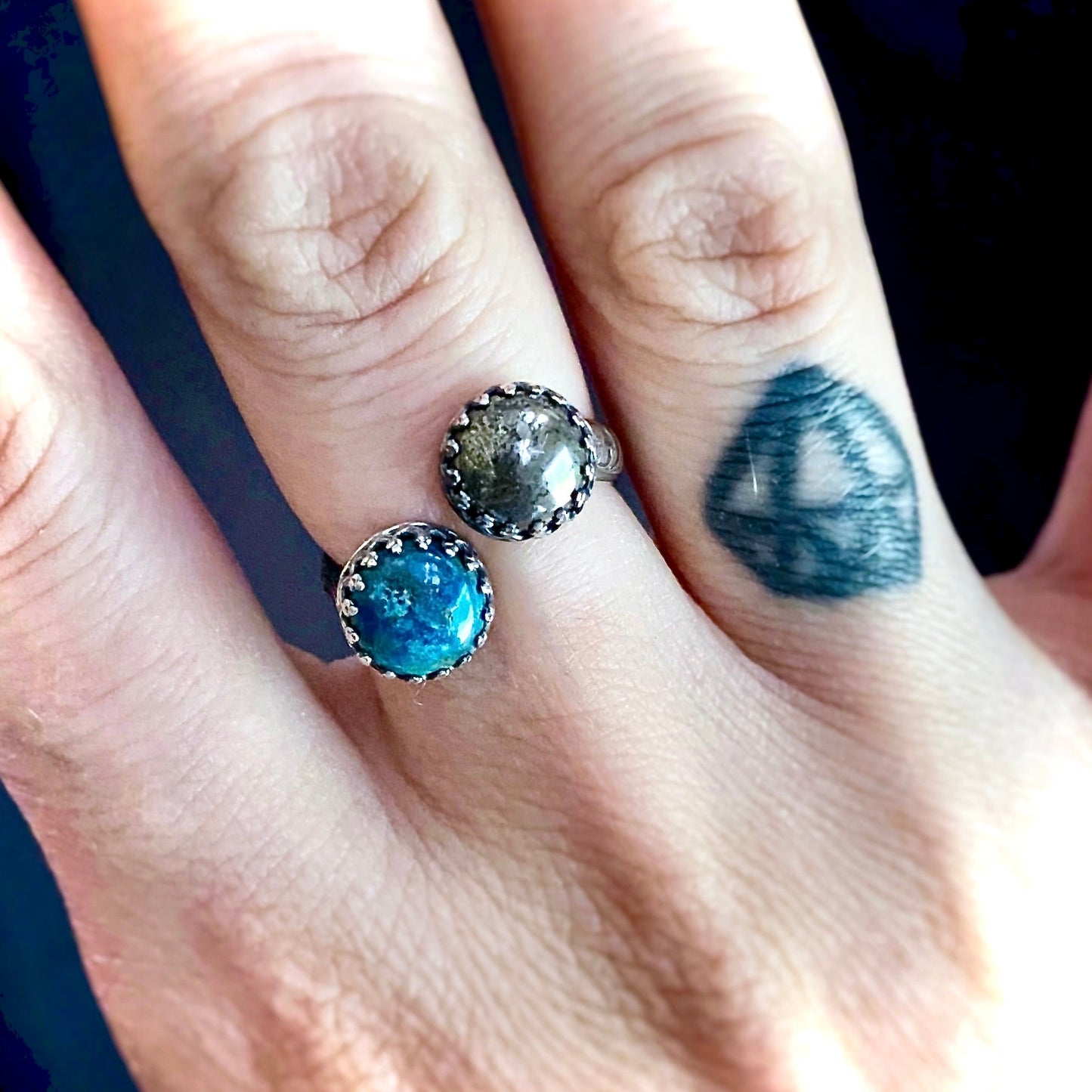 Double Gemstone Bypass Ring with Chrysocolla Pyrite and Lapis Lazuli - Jewelry