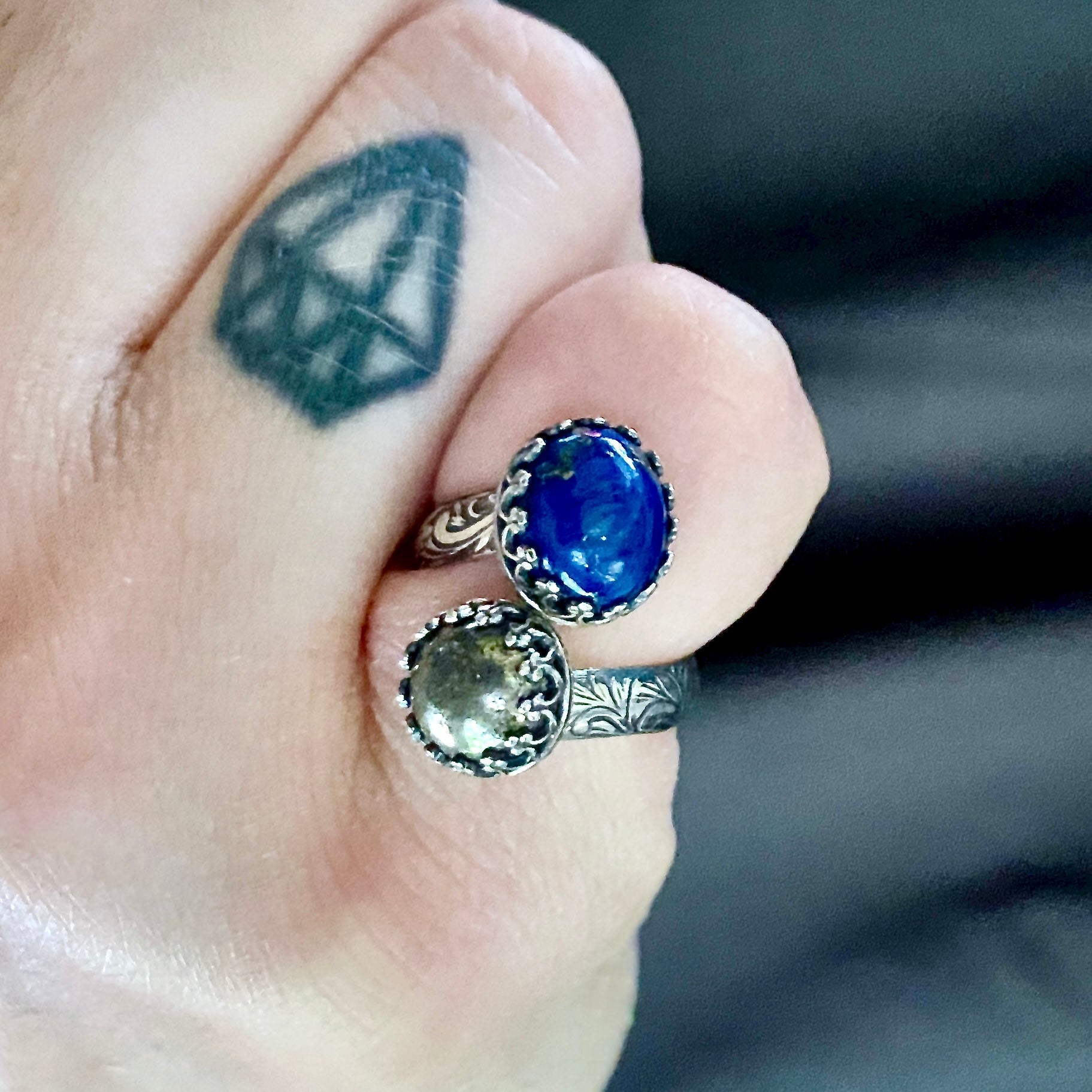 Double Gemstone Bypass Ring with Chrysocolla Pyrite and Lapis Lazuli - Jewelry