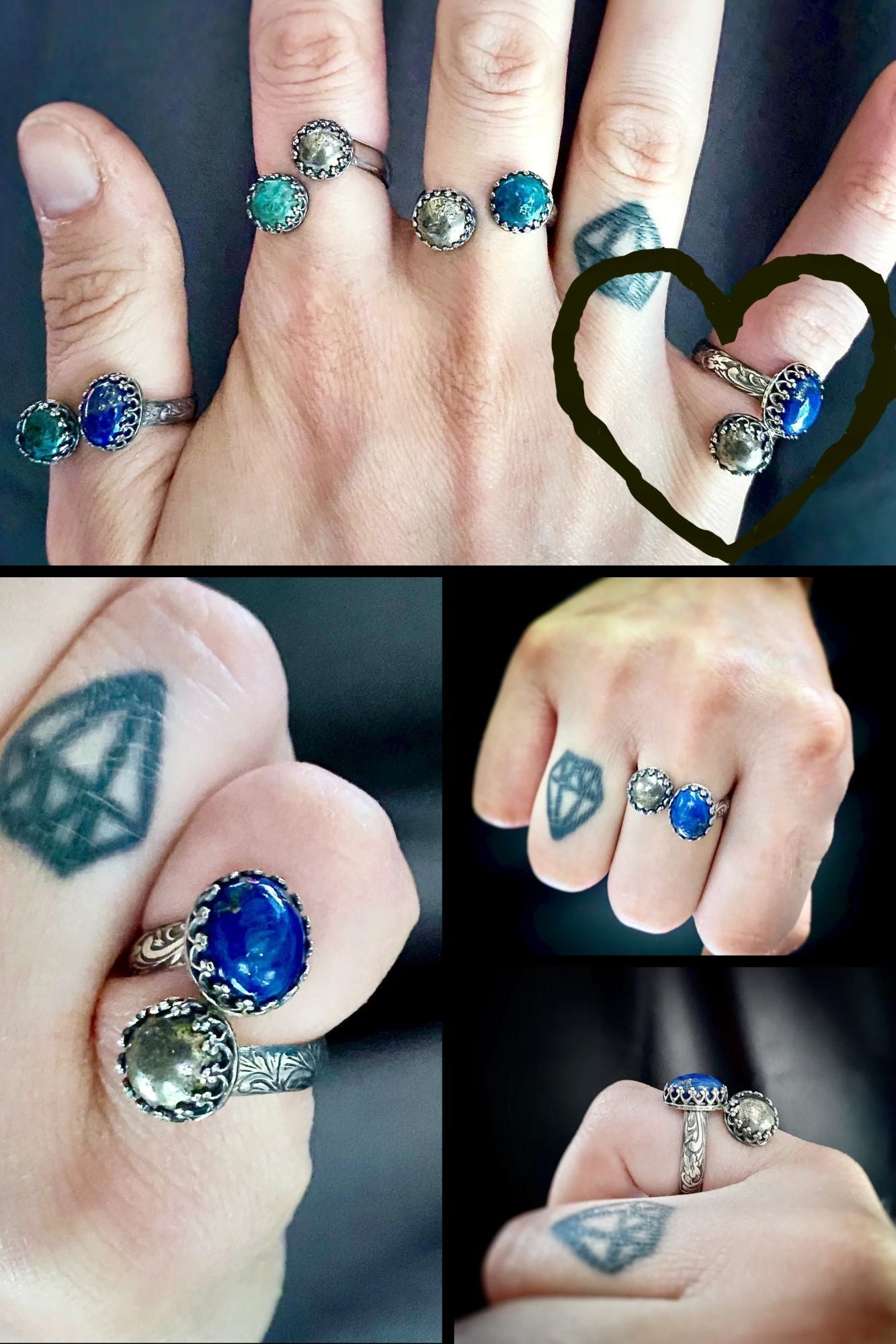 Double Gemstone Bypass Ring with Chrysocolla, Pyrite, and Lapis Lazuli