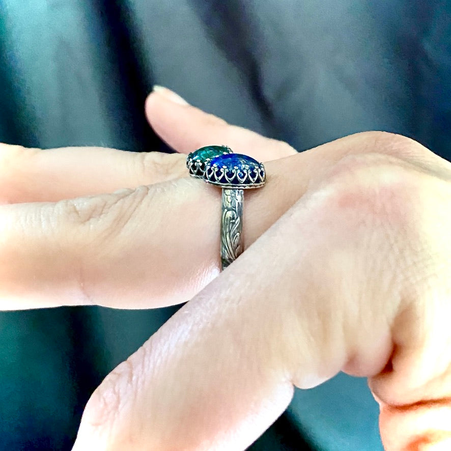 Double Gemstone Bypass Ring with Chrysocolla Pyrite and Lapis Lazuli - Jewelry