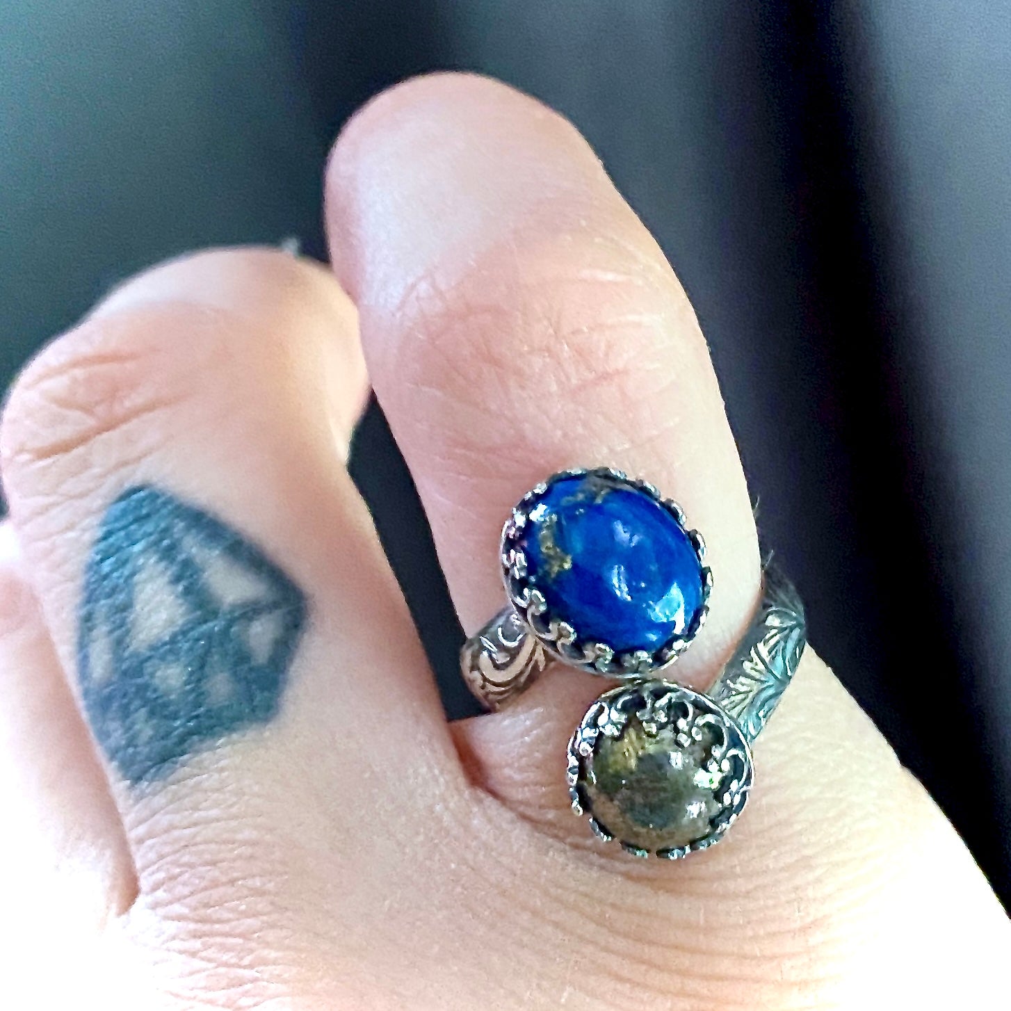 Double Gemstone Bypass Ring with Chrysocolla Pyrite and Lapis Lazuli - Jewelry