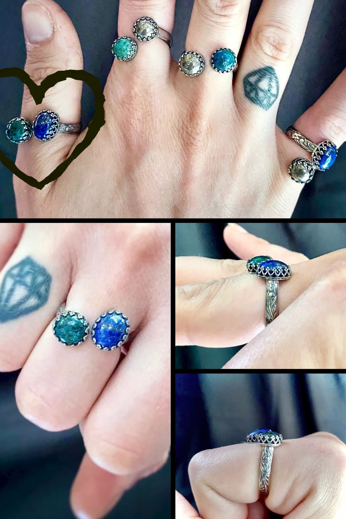 Double Gemstone Bypass Ring with Chrysocolla, Pyrite, and Lapis Lazuli