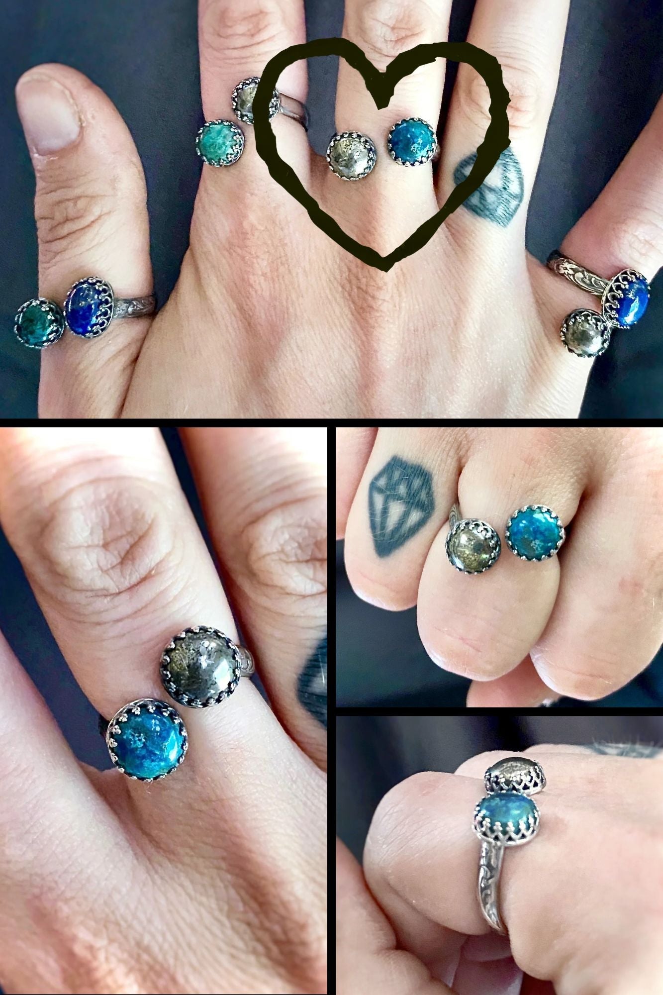 Double Gemstone Bypass Ring with Chrysocolla, Pyrite, and Lapis Lazuli