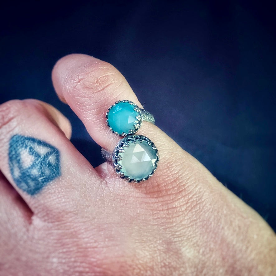 Double Rose Cut Gemstone Bypass Ring with Chrysoprase Chalcedony Labradorite and Lapis Lazuli - Jewelry